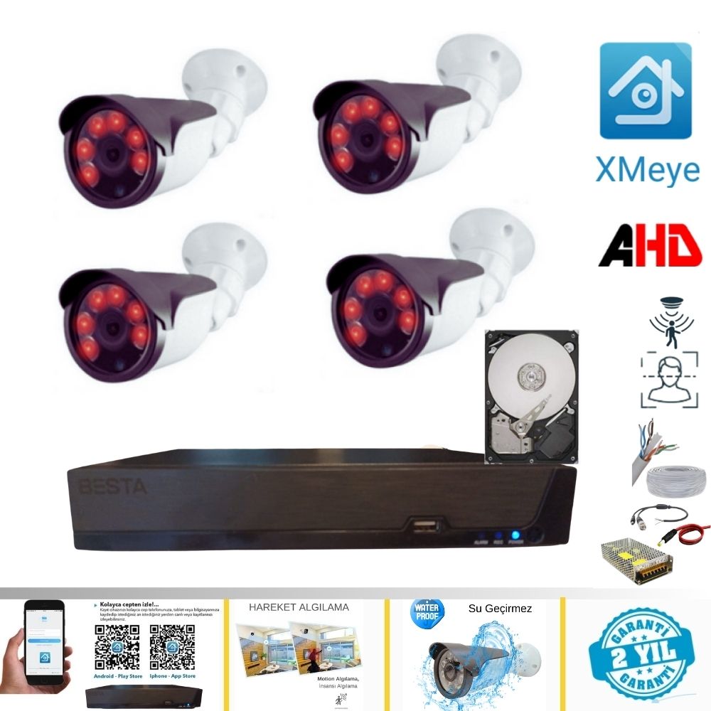 Arna 4 Kameralı Set - 5MP Sony Lensli Full Hd Gece Görüşlü Güvenlik Kamerası Sistemi - Cepten Izle Xmeye 250 GB HDD Dahil