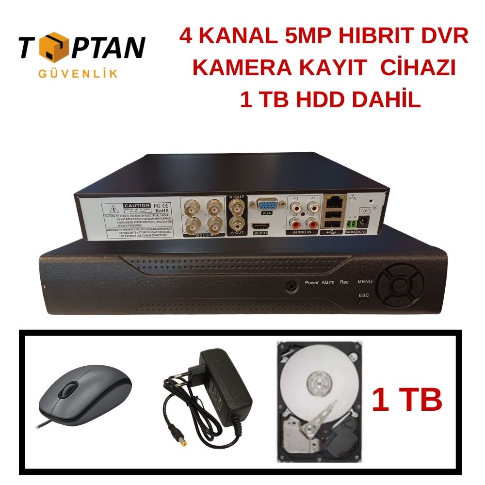 ARNA 4 KANAL 5 MP H.265+ HIBRIT DVR KAMERA KAYIT CİHAZI 1 TB HDD DAHİL - 4510E