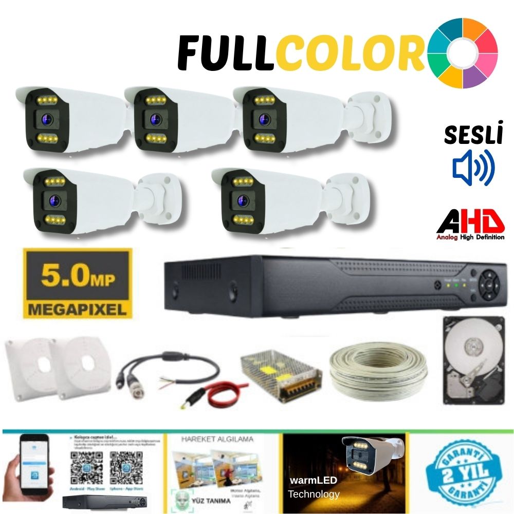 ARNA 5 KAMERALI IŞIKLI SESLİ GECE RENKLİ 5 MP H.265+ GÜVENLİK KAMERA SETİ 320 GB HDD DAHİL - ST320558