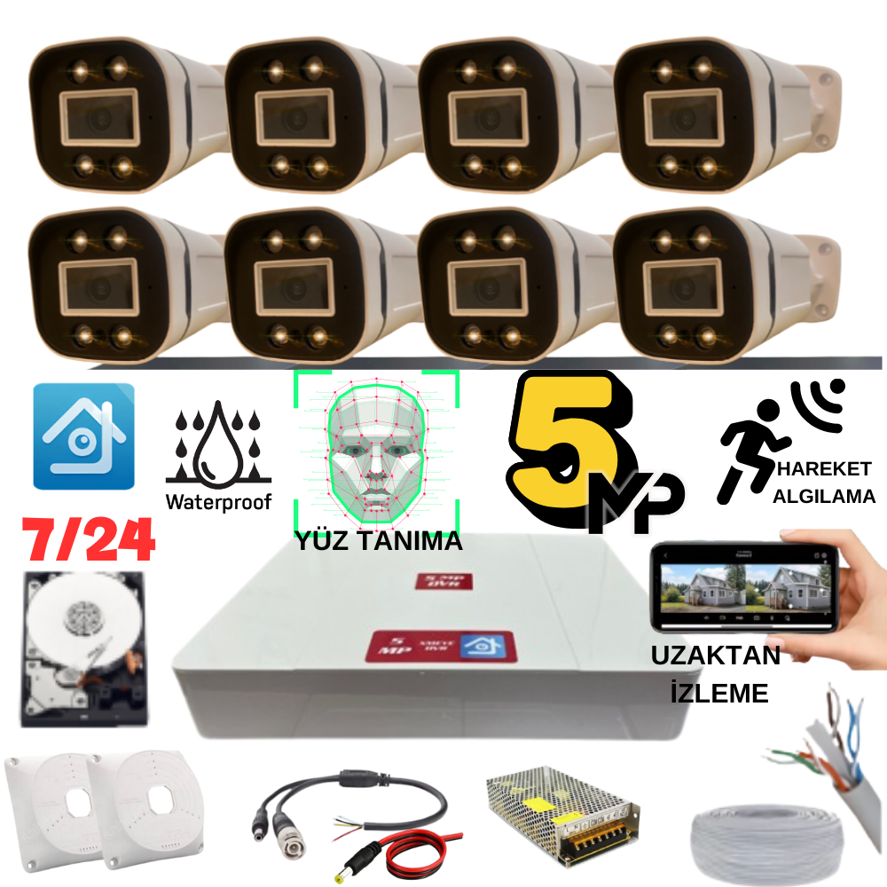 ARNA 5 MP GECE RENKLİ YÜZ TANIMA SESLİ H.265 500 GB HDD DAHİL 8 KAMERALI AHD GÜVENLİK SETİ - ST85500