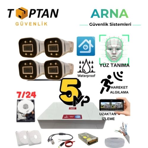 Arna 5 Mp Gece Renkli Yüz Tanıma Sesli H.265 500 GB HDD Dahil 4 Kameralı Ahd Güvenlik Seti - ST54500L-1