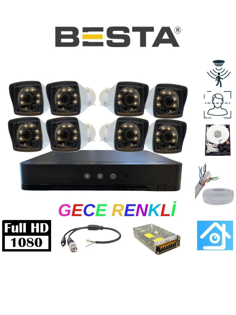 Arna 5mp Lens 2mp 1080P Warm LED 8 Kameralı 250GB Harddisk Dahil Güvenlik Kamerası Seti - ST-28250W