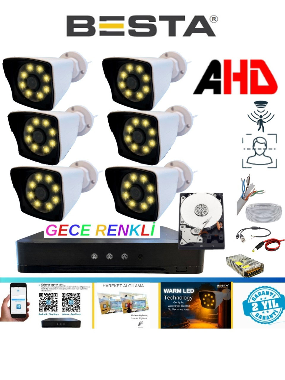 Arna 6 Kameralı 5mp Lens 1080P Warm LED Gece Renkli 1 Tb HDD Dahil Güvenlik Seti - 261W