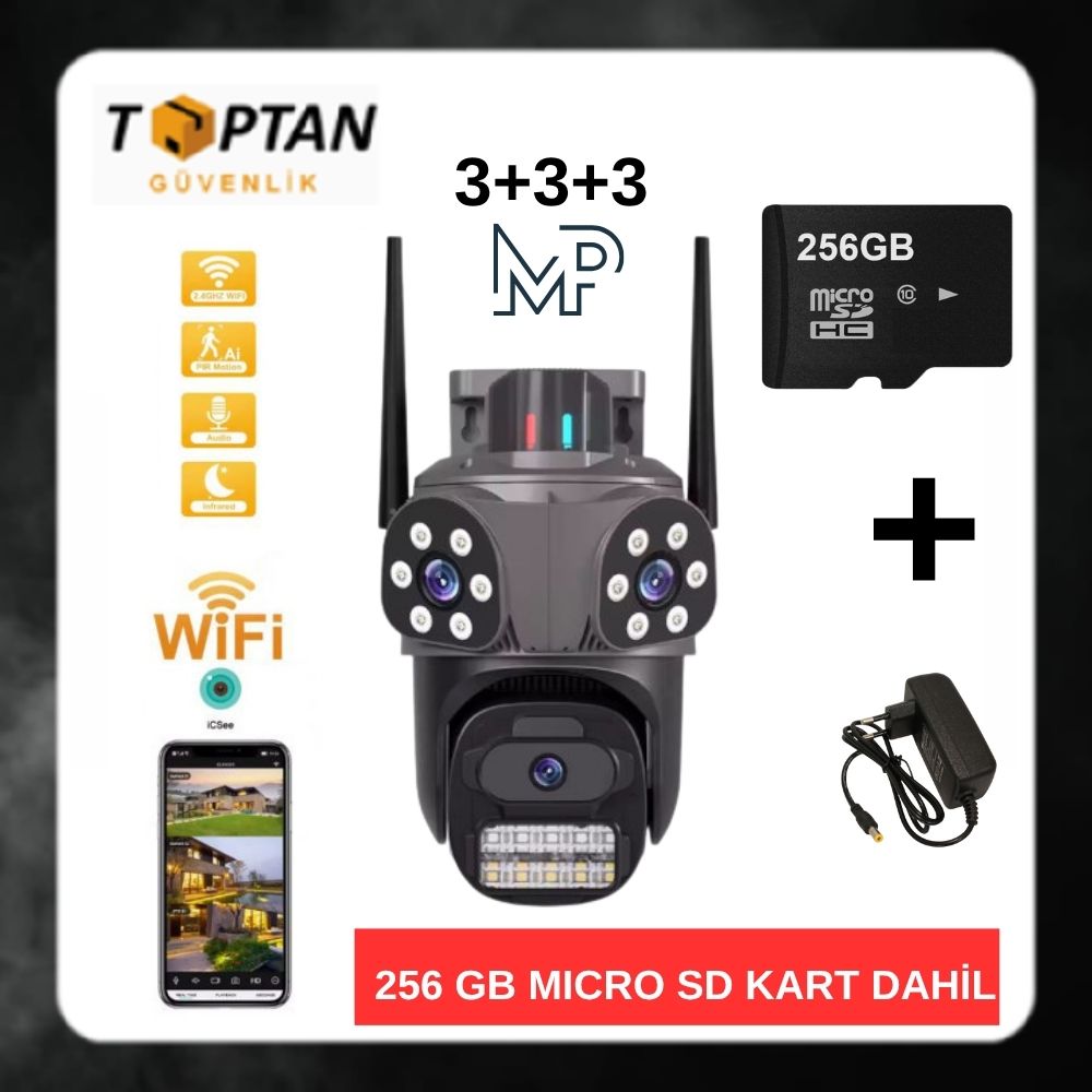 Besta Dış Mekan Üç Kameralı Gece Görüşlü Full Hd Ip Akıllı PTZ Güvenlik Kamerası 256 GB Micro SD Kart ve Adaptör Dahil BB-17356