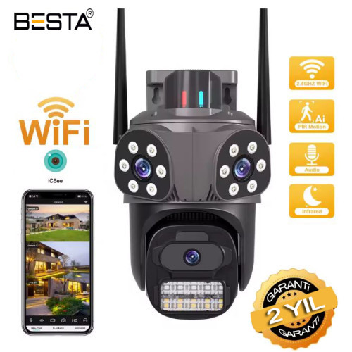 Besta Dış Mekan Üç Kameralı Gece Görüşlü Full Hd Ip Akıllı PTZ Güvenlik Kamerası 128 GB Micro SD Kart ve Adaptör Dahil BB-17358 görünüm