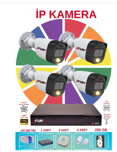 Fury 4 Lü Ip Güvenlik Kamera Seti Sesli 4mp Gece Renkli Su Geçirmez 5515S 250GB