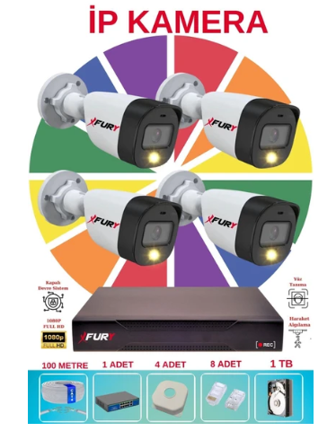 Fury 4 Lü Ip Güvenlik Kamera Seti Sesli 4mp Gece Renkli Su Geçirmez 5515S 1tb