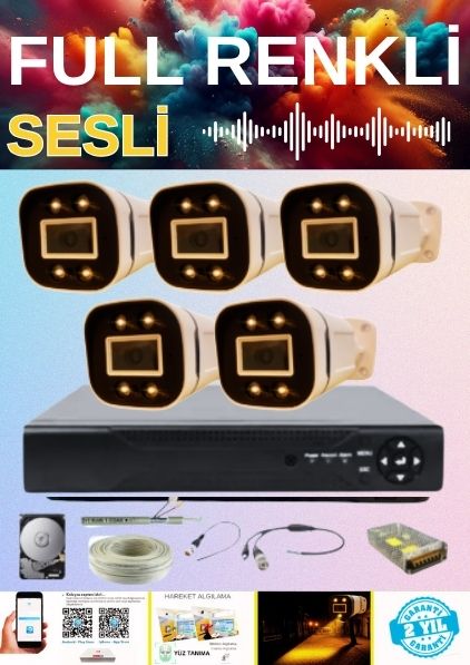 GERÇEK 5 MP 5 KAMERALI GECE RENKLİ SESLİ 250 GB HDD DAHİL AHD GÜVENLİK SETİ - ST25055