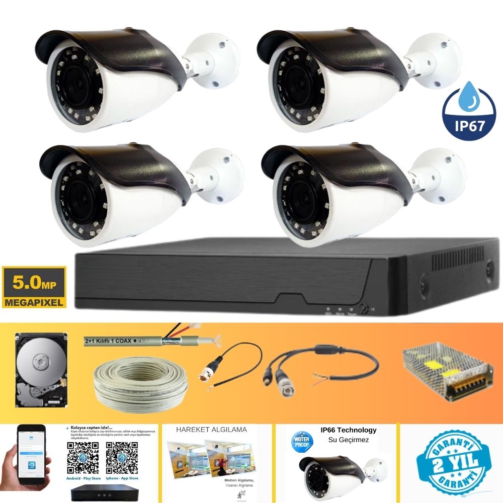 GERÇEK 5 MP METAL KASA 4 KAMERALI AHD GÜVENLİK SETİ HARDDİSKSİZ - ST4500GM