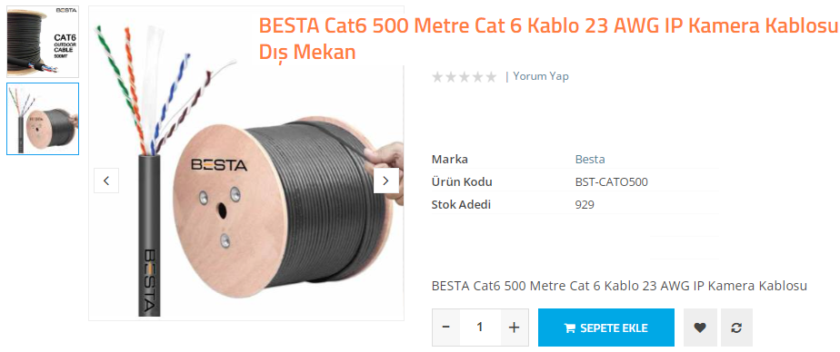 500 Metre Cat 6 Kablo 23 AWG IP Kamera Kablosu