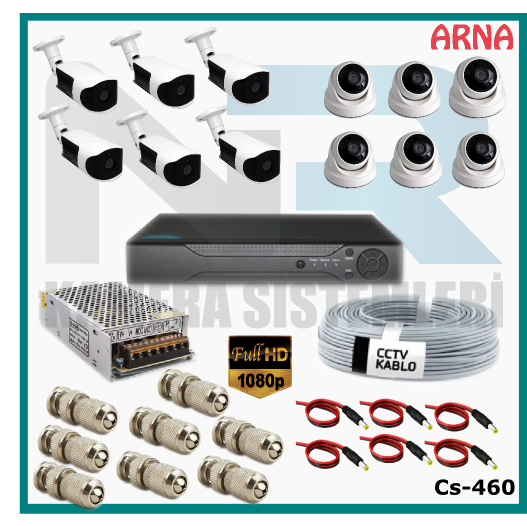 12 Kameralı (6 iç 6 dış) Güvenlik Kamerası Sistemi AHD 1080P ( Cs 460) Hardisksiz