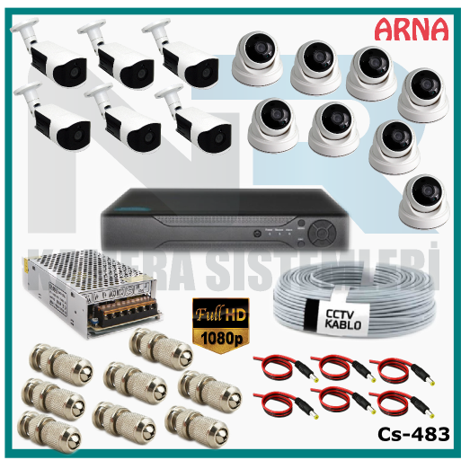 14 Kameralı (8 iç 6 dış) Güvenlik Kamerası Sistemi AHD 1080P ( Cs 483) Hardisksiz