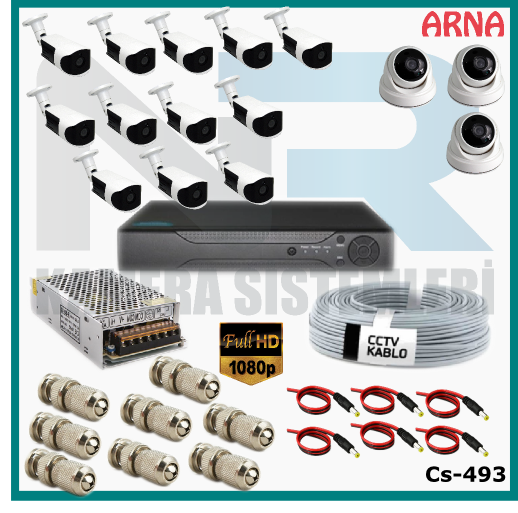 15 Kameralı (3 iç 12 dış) Güvenlik Kamerası Sistemi AHD 1080P ( Cs 493) Hardisksiz