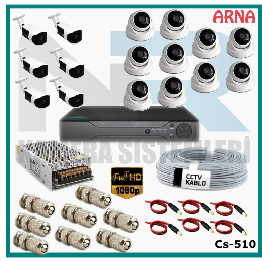 16 Kameralı (10 iç 6 dış) Güvenlik Kamerası Sistemi AHD 1080P ( Cs 510) Hardisksiz