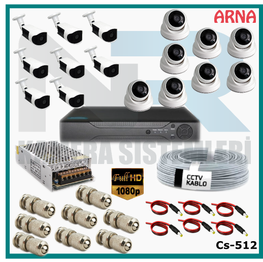 16 Kameralı (8 iç 8 dış) Güvenlik Kamerası Sistemi AHD 1080P ( Cs 512) Hardisksiz