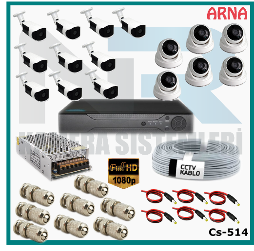 16 Kameralı (6 iç 10 dış) Güvenlik Kamerası Sistemi AHD 1080P ( Cs 514) Hardisksiz