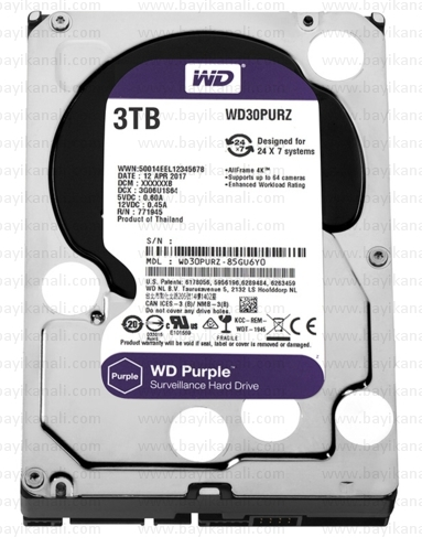 3TB WD PURPLE 3,5" 64MB 5400RPM 7/24 Güvenlik Diski